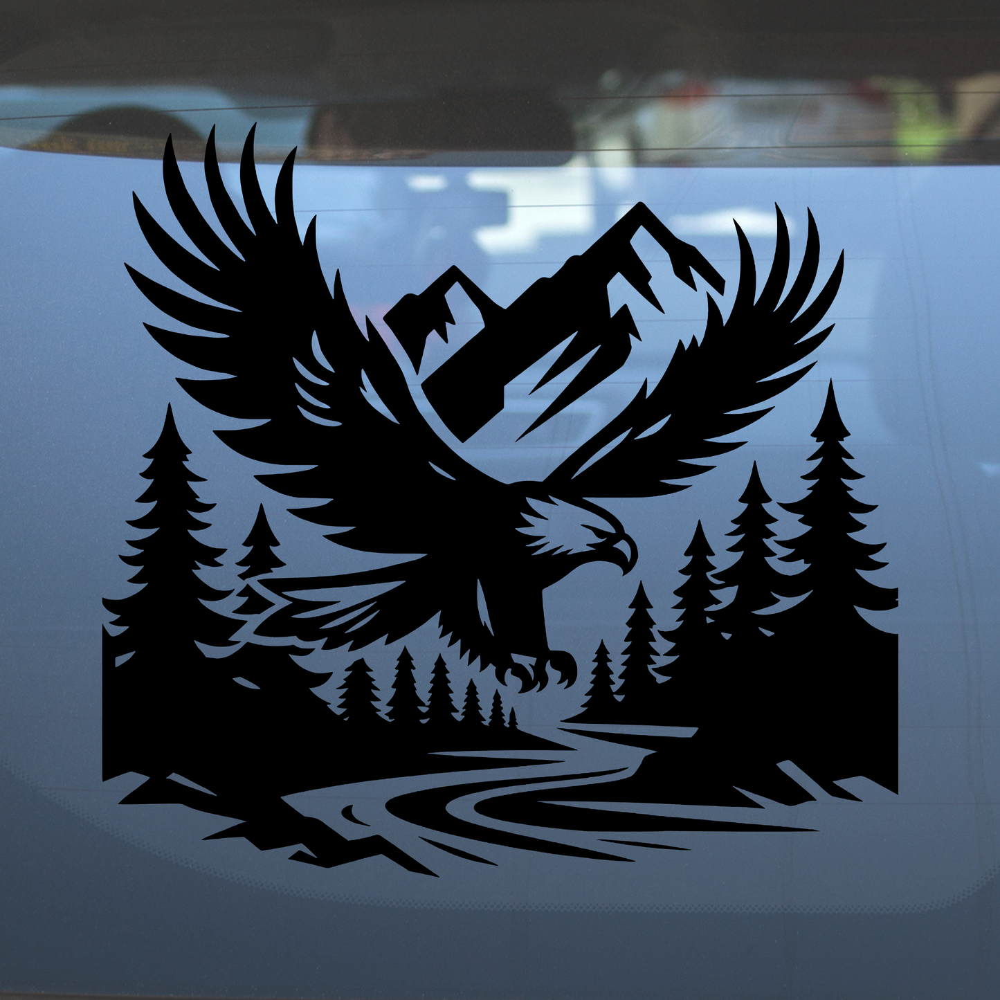 Mountain River Eagle – Vinyl Decal – Car Decal, Truck Decal, Van Decal & More!